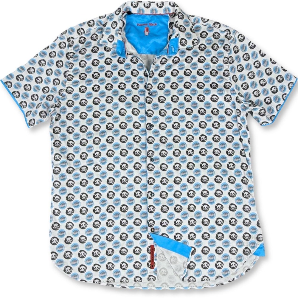 Visconti Black Button Down Loud Shirt Mens XL White Skull Shark Print S/S Edgy